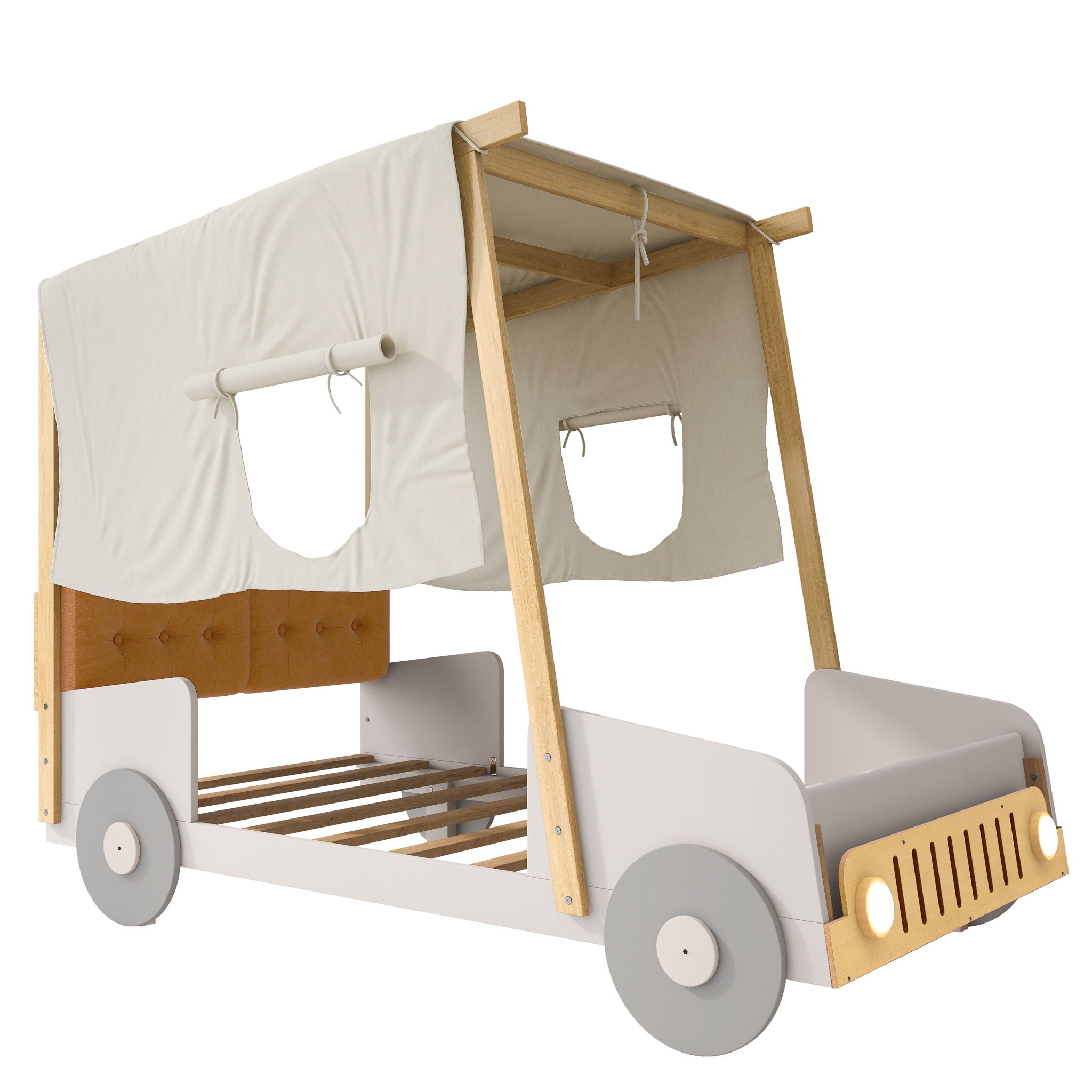 Twin Size Car Bed With Pillow, Ceiling Cloth And LED - Natural by HouseOfZazla