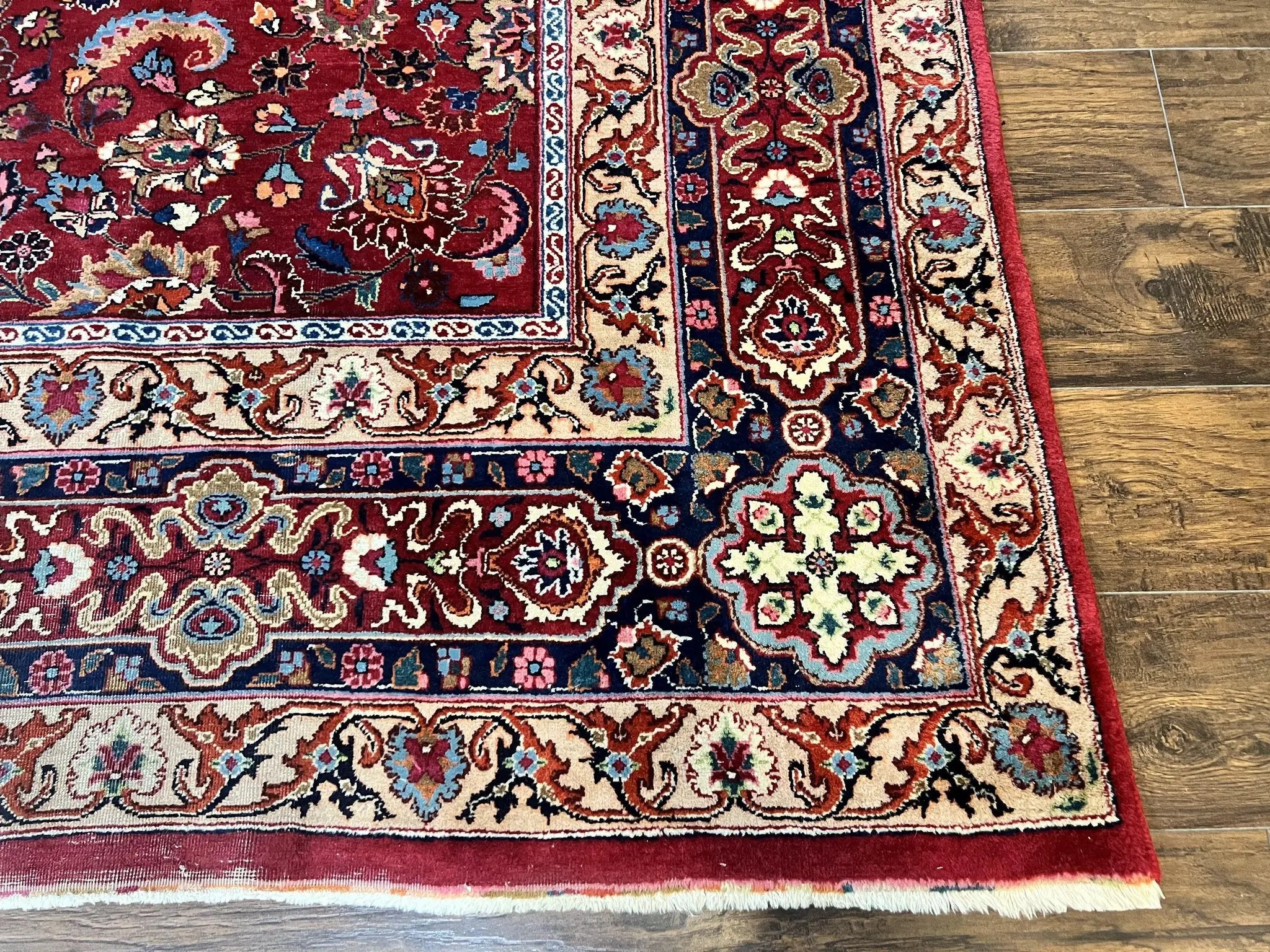Signed Persian Mashad Rug 8x10, Wool Oriental Carpet, Semi Antique Rug, Hand Knotted, Traditional, Red, Floral Allover, by Jewel Rugs