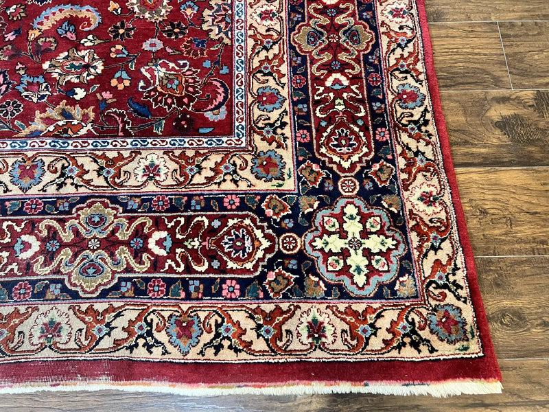 Signed Persian Mashad Rug 8x10, Wool Oriental Carpet, Semi Antique Rug, Hand Knotted, Traditional, Red, Floral Allover, by Jewel Rugs