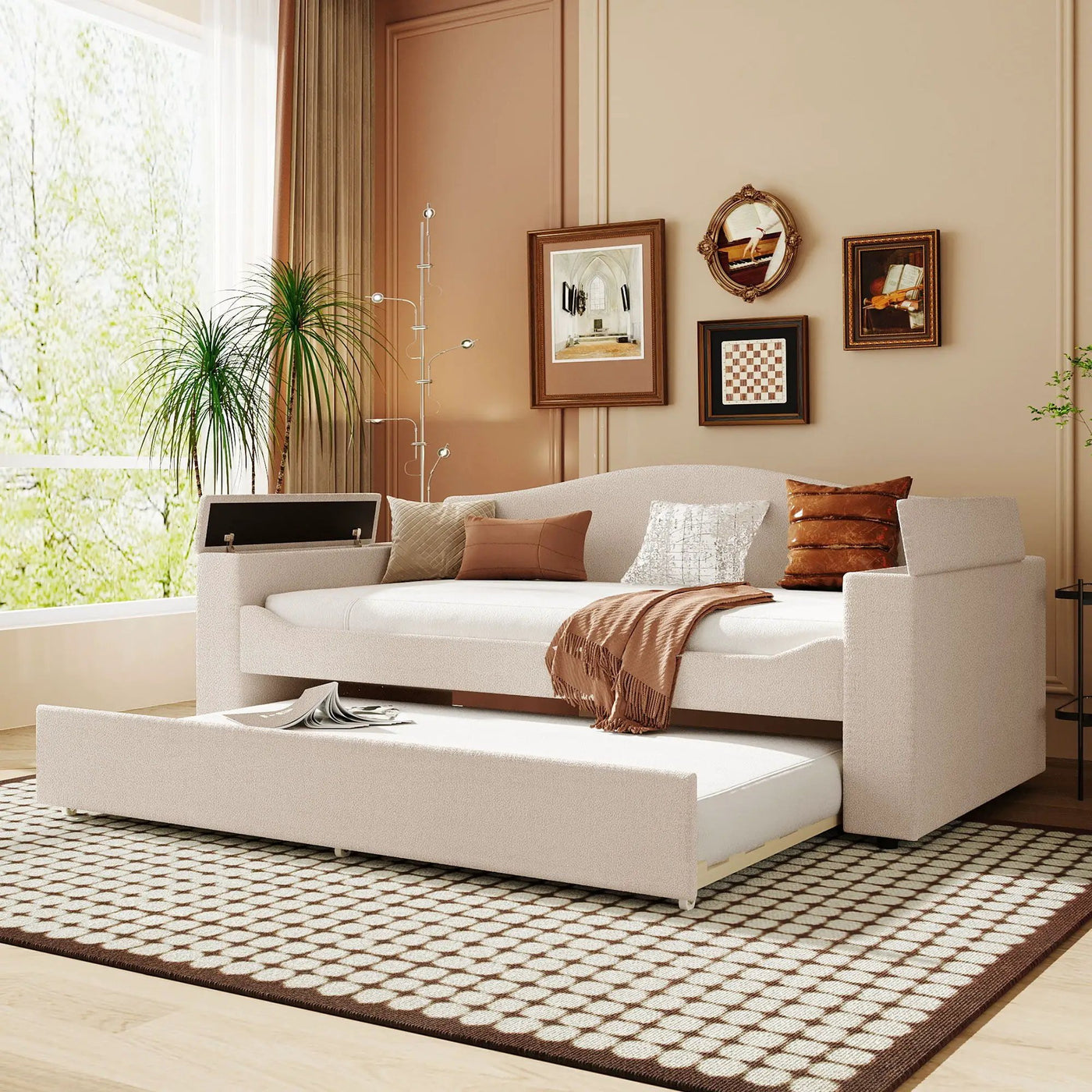 Upholstered Daybed With Storage Armrests, Trundle And Latest Integrated tooth Audio System by HouseOfZazla