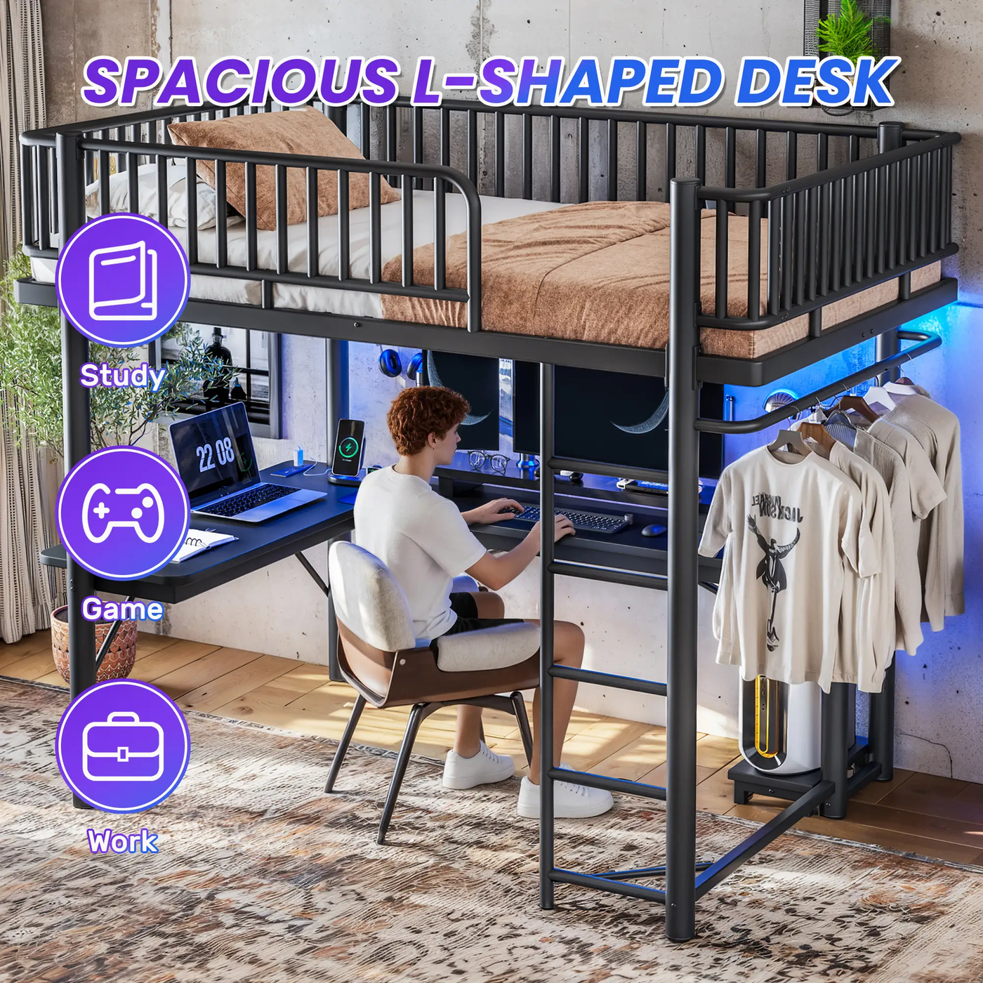 Full Loft Bed with L-Shaped Desk and LED Light Strip by HouseOfZazla