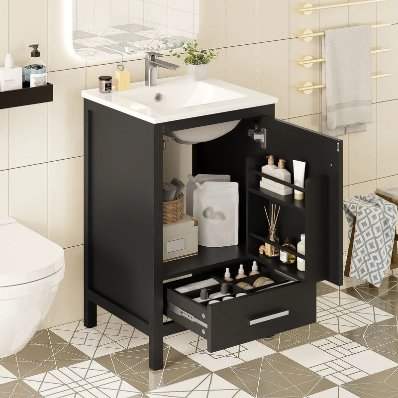 Bathroom Vanity With Ceramic Sink, Soft Close Drawers, Door Organizer, Divider Drawer, Adjustable Foot Pads by HouseOfZazla