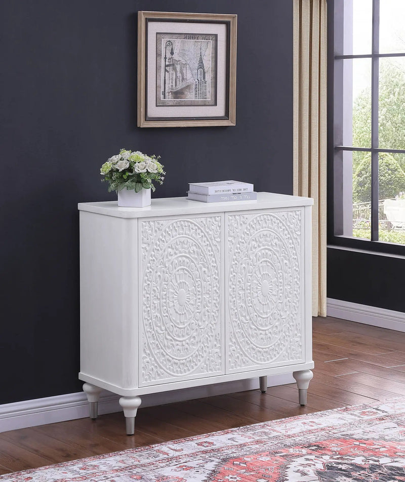 Cardella 2-door Mandala Accent Cabinet Distressed White by Unique Piece Furniture