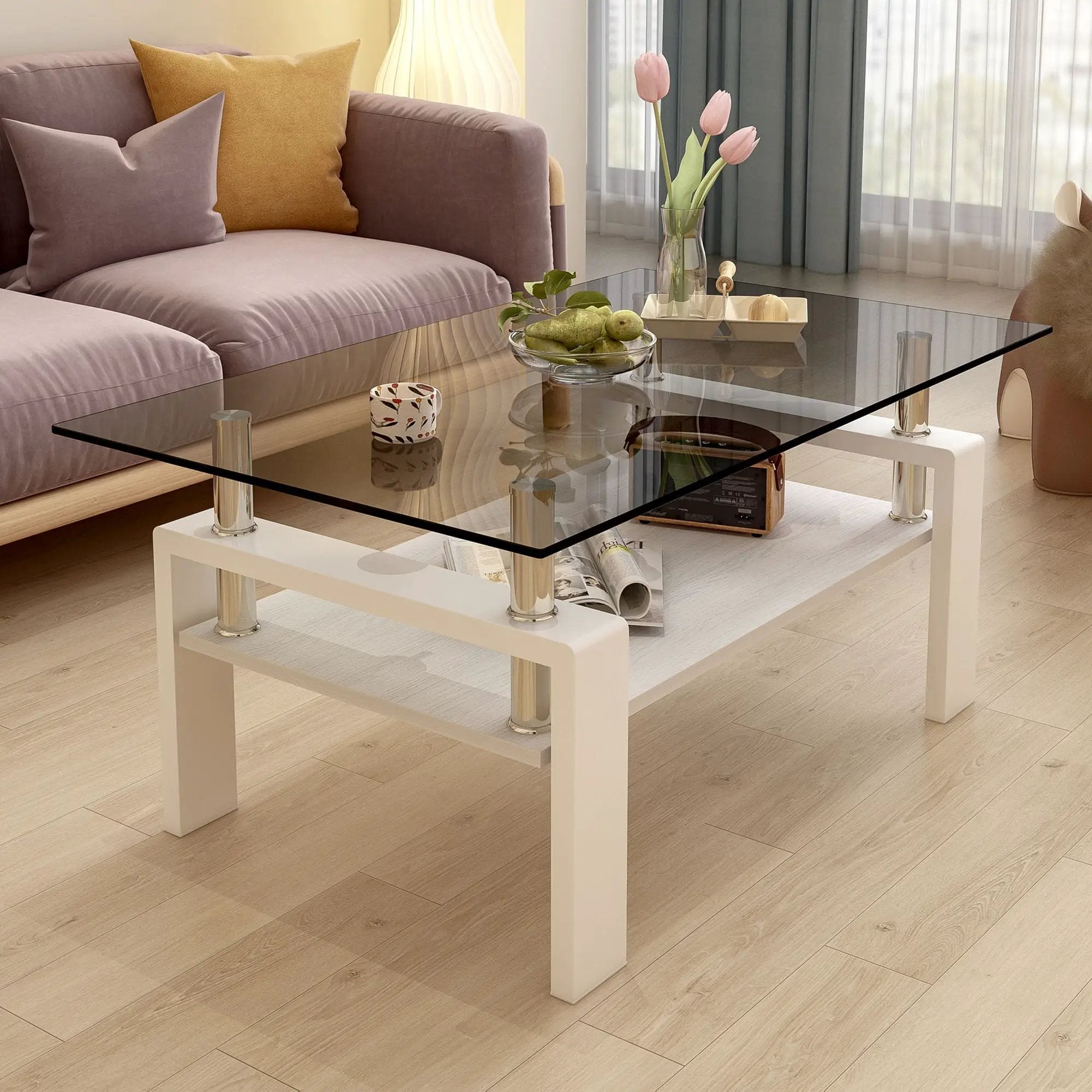 Modern Rectangular Coffee Table With Tempered Transparent Glass Top And Storage Shelf by Unique Piece Furniture