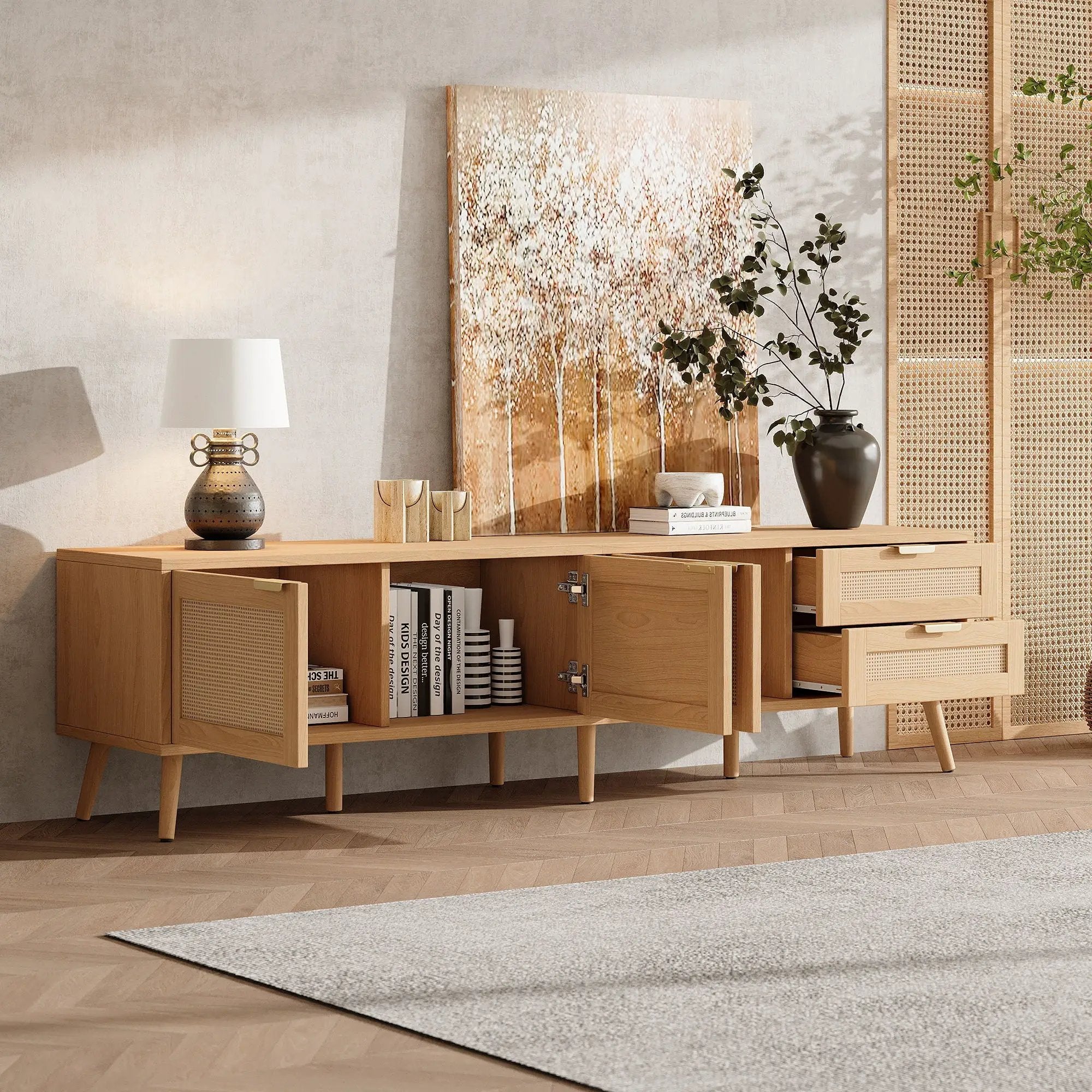 TV Stand, Media Console, 2 Drawers & Cable Management - Natural Wood by HouseOfZazla