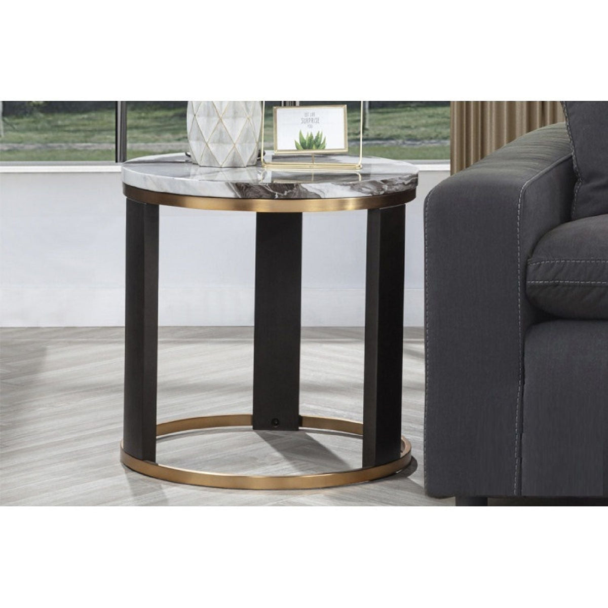 Round End Table with Faux Marble Top - Gold / Brown, photo 3 of 4