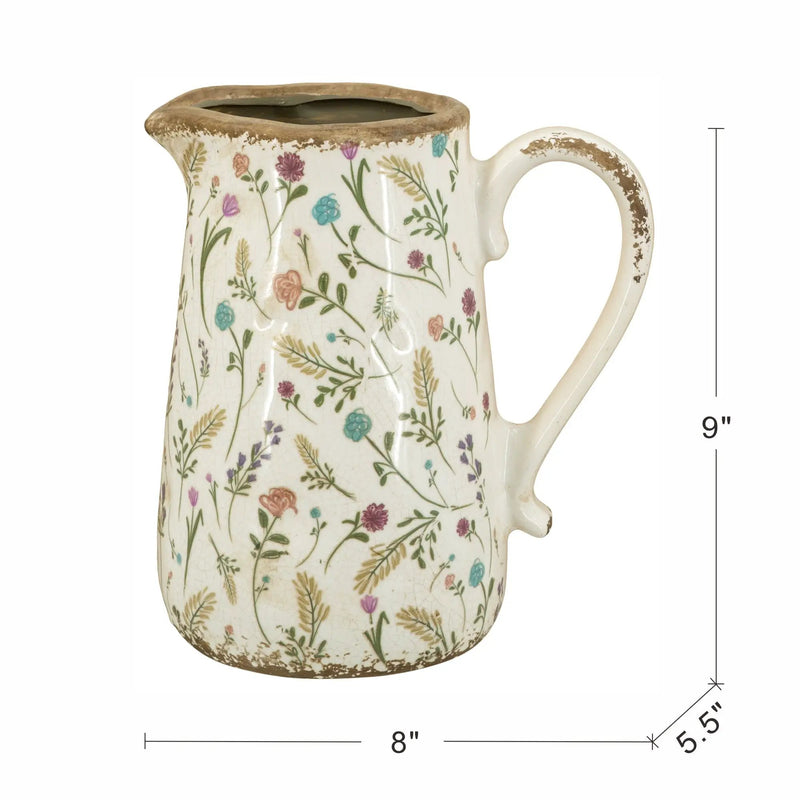 8.1x5.7x9.1" Round Ceramic Pitcher Vase with Multi-Colored Floral Motifs by HouseOfZazla
