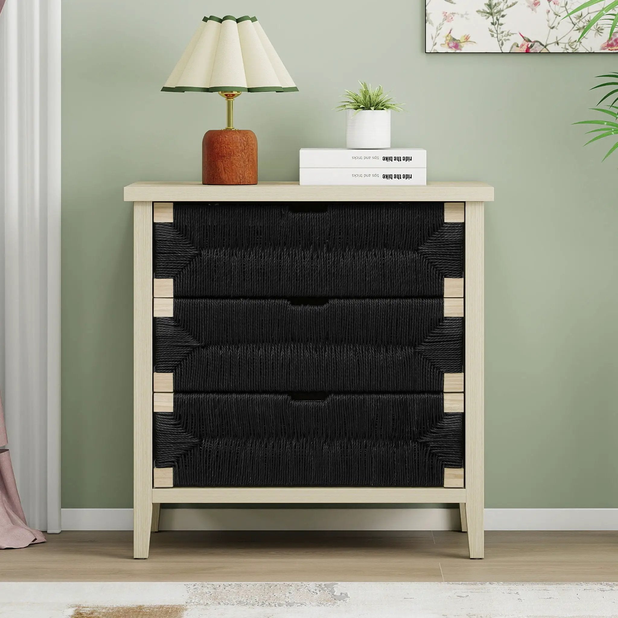 3 Drawer Buffet Sideboard With Adjustable Shelves, Storage Cabinet With Natural Seaweed Decor Doors For Living Room Kitchen Entryway - Natural by Unique Piece Furniture