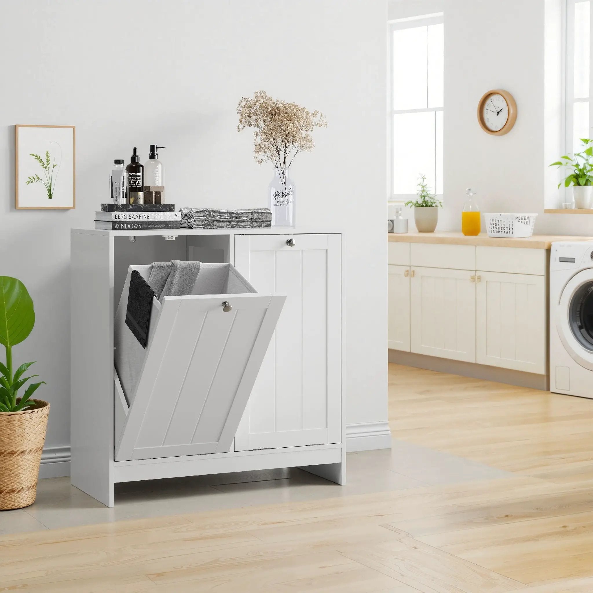 Tilted Laundry Hamper With Removable Basket, Hidden Storage Cabinet, Home Organizer For Bathroom - White by HouseOfZazla
