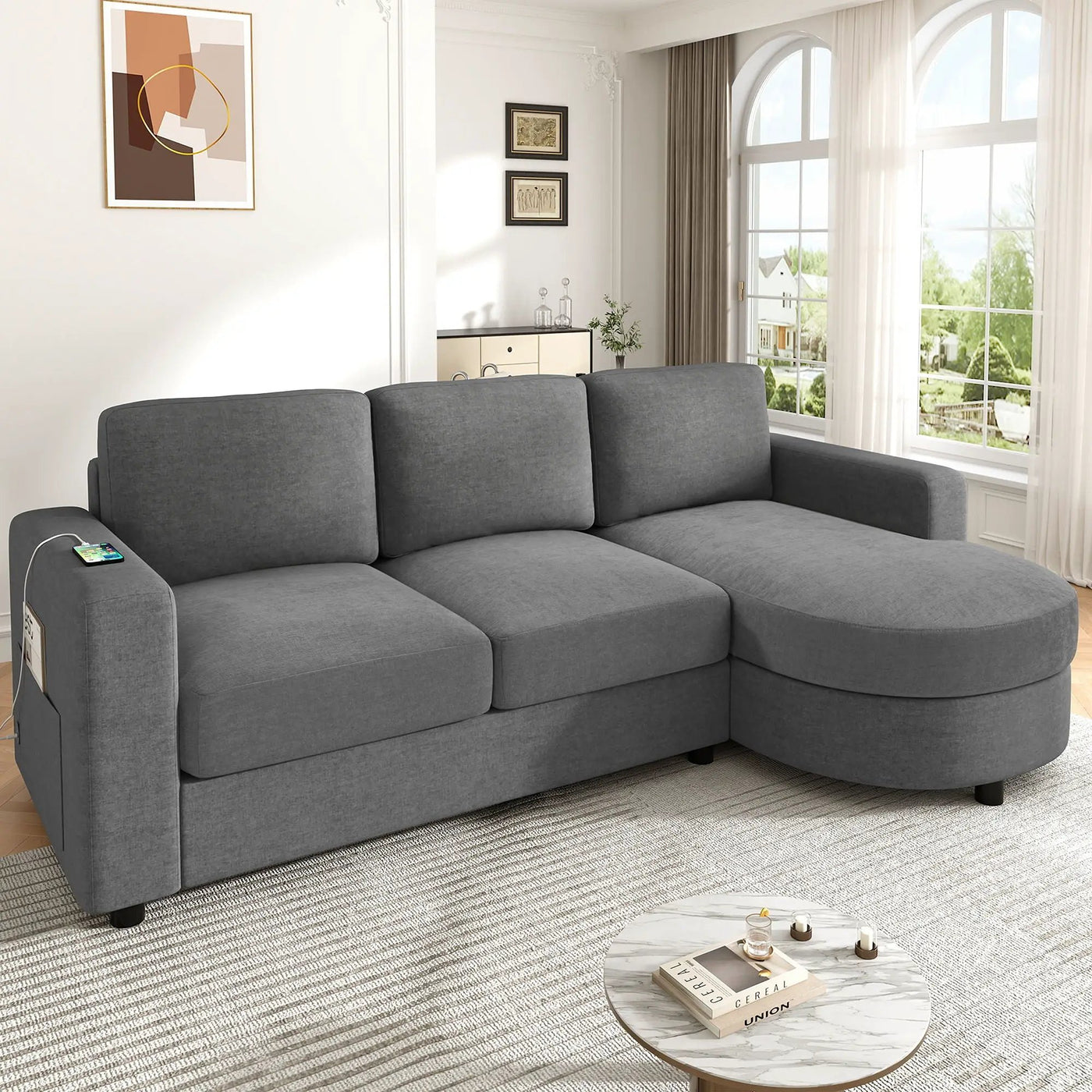Modern L-Shaped Sectional Sofa With Curved Chaise, USB Ports, And Side Storage Pockets by Unique Piece Furniture