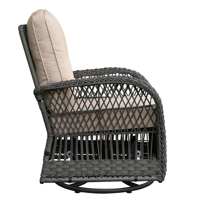 3 Pieces Conversation Set, Outdoor Wicker Rocker Swivel Patio Bistro Set, Rocking Chair with Glass Top Side Table, Grey by HouseOfZazla