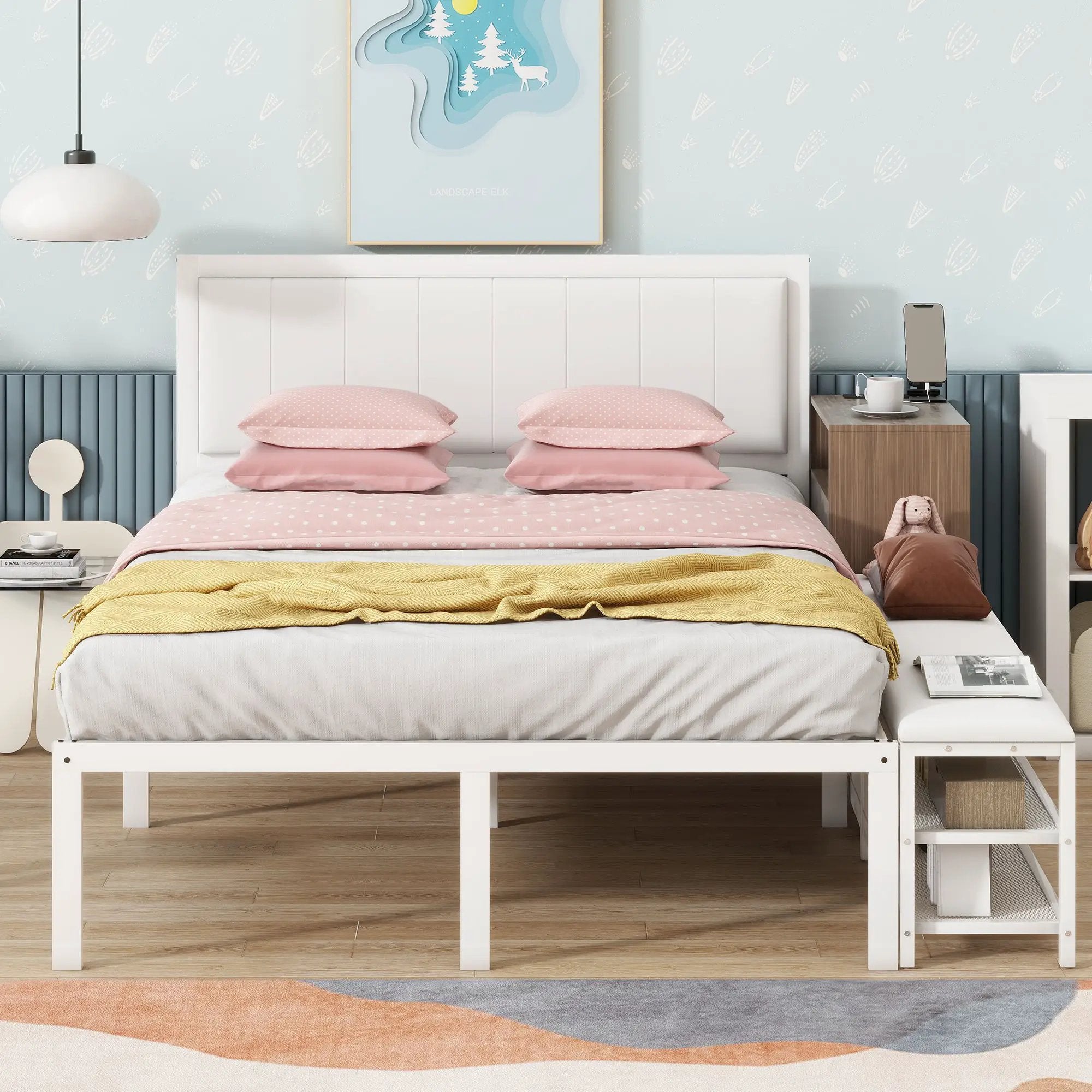 Platform Bed With 2 Tier Storage Shelves, Storage Cabinet by Unique Piece Furniture
