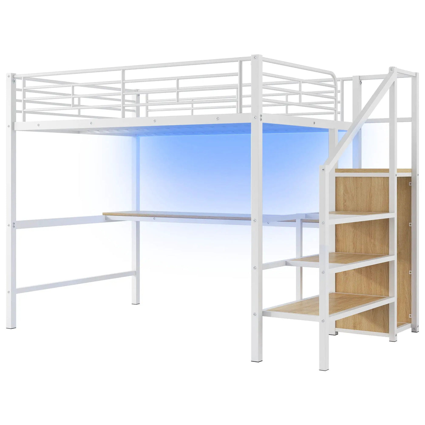 Loft Bed With Desk, Storage Staircase, Small Wardrobe And LED Light by HouseOfZazla