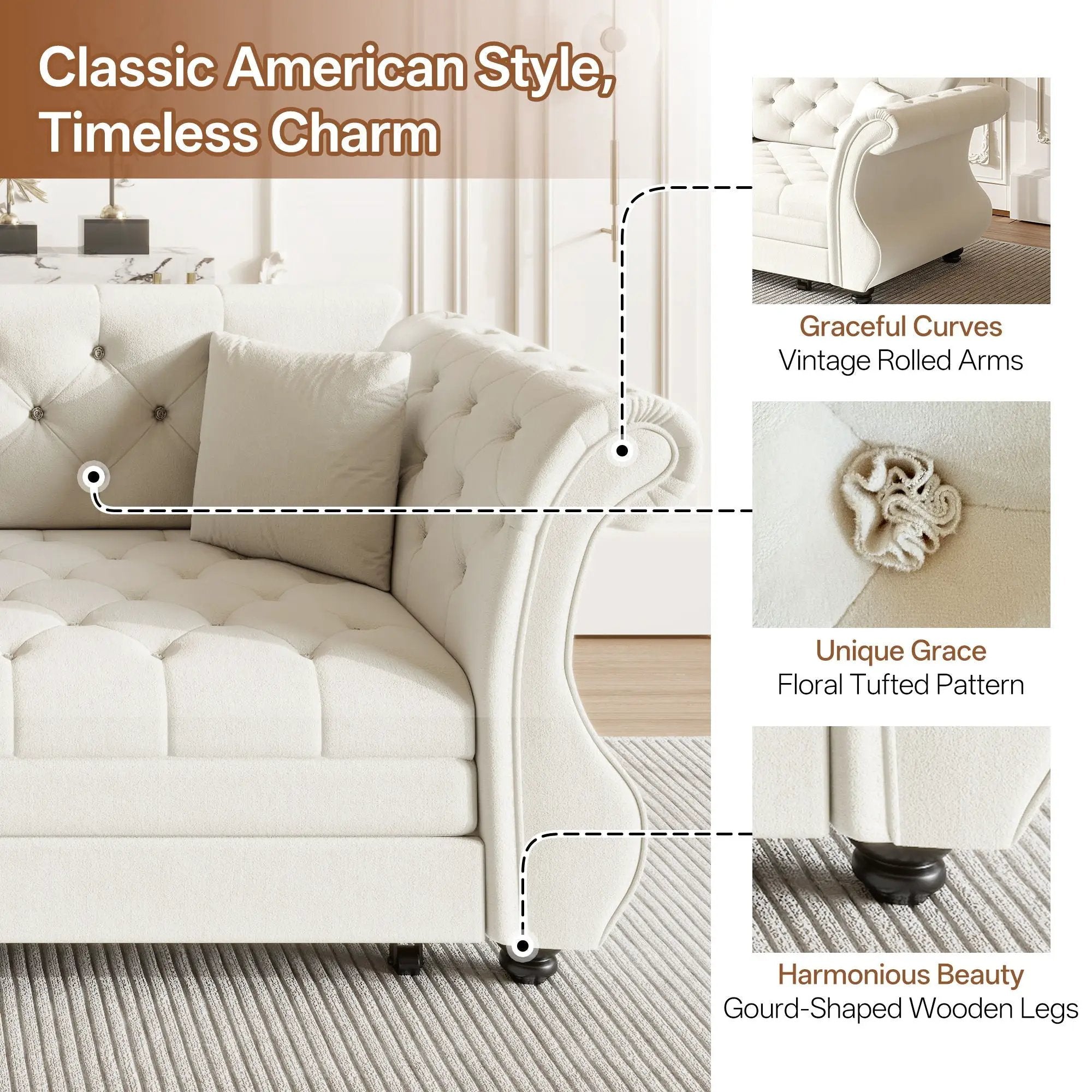 Oversized Chesterfield Pull Out Sofa Bed, Roll Arm Couch With Flower Tufting For Living Room