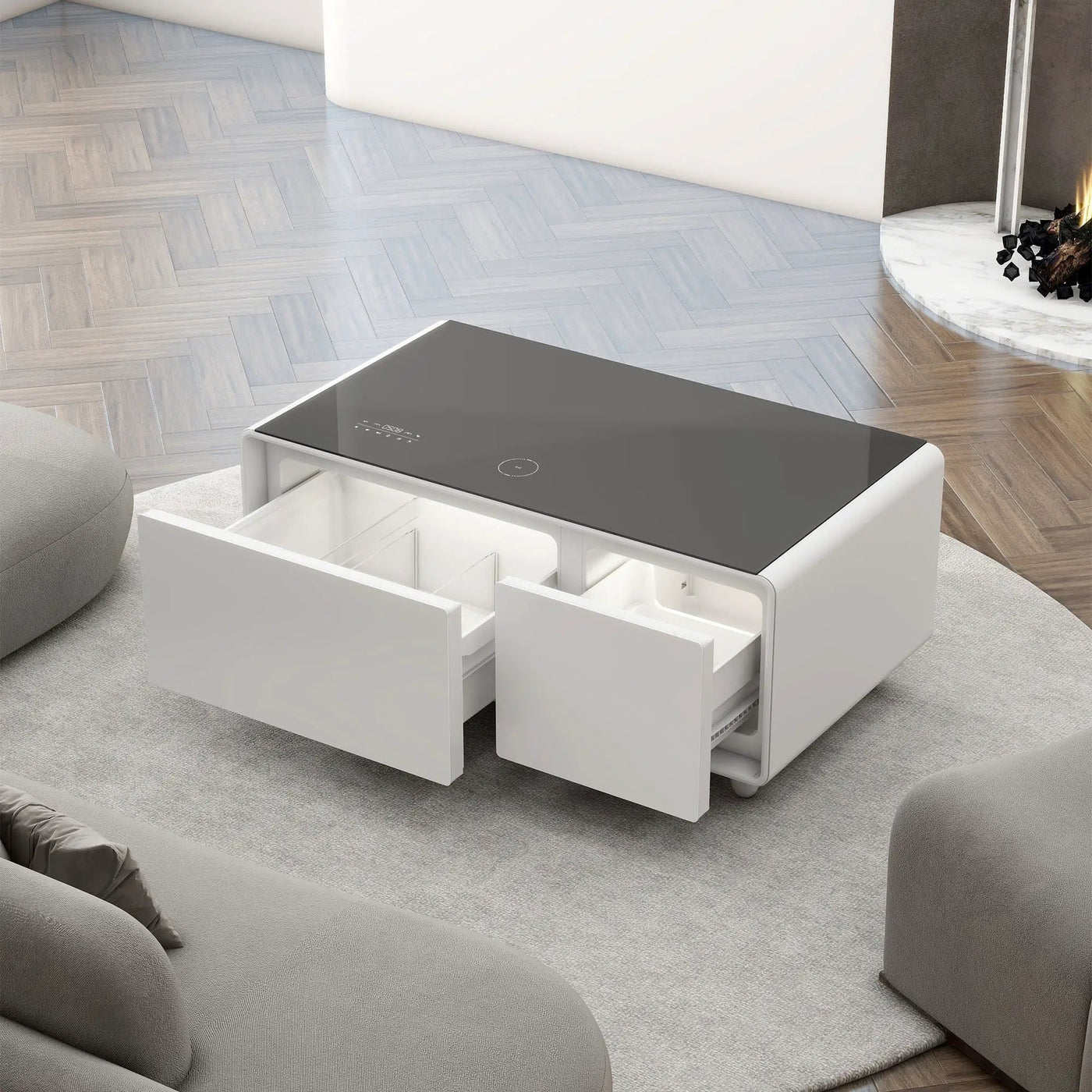 Modern Smart Coffee Table With Built-In Fridge - tooth Speaker, Wireless Charging, Touch Control Panel, USB Interface, Outlet Protection, Atmosphere Light by HouseOfZazla