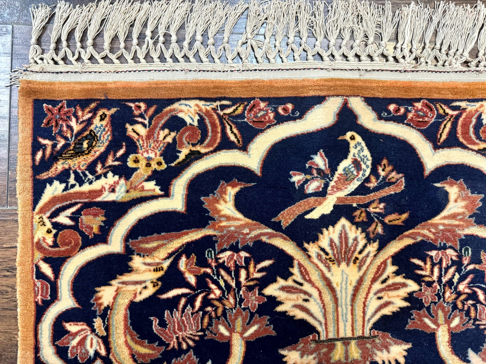 Persian Isfahan Rug 2x4, Birds, Navy Blue, Kork Wool on Silk Foundation, 460 KPSI by Jewel Rugs