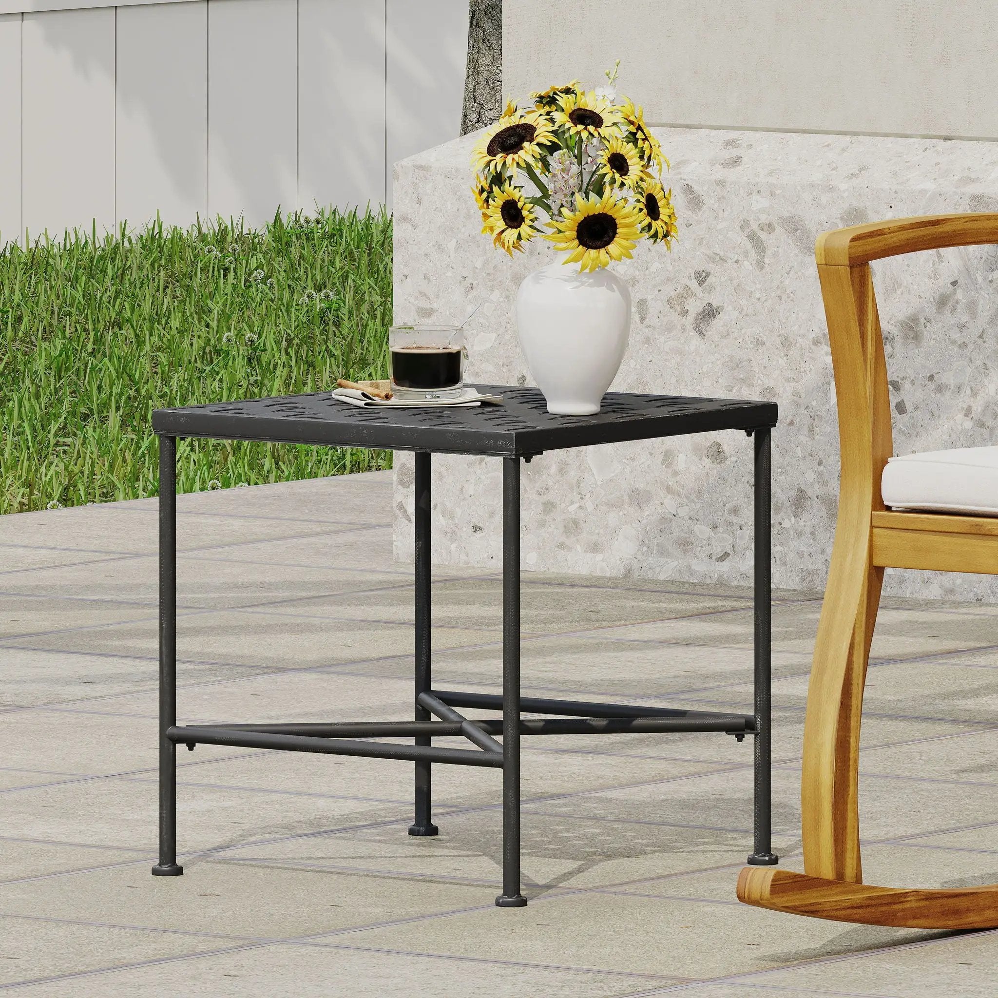 Outdoor Square Side Table with X Shaped Iron Frame - Black by HouseOfZazla