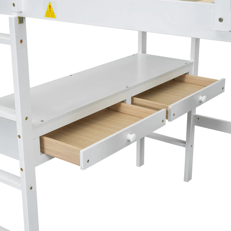Full Size Loft Bed With Built In Desk, 2 Drawers, Storage Shelves - White by HouseOfZazla