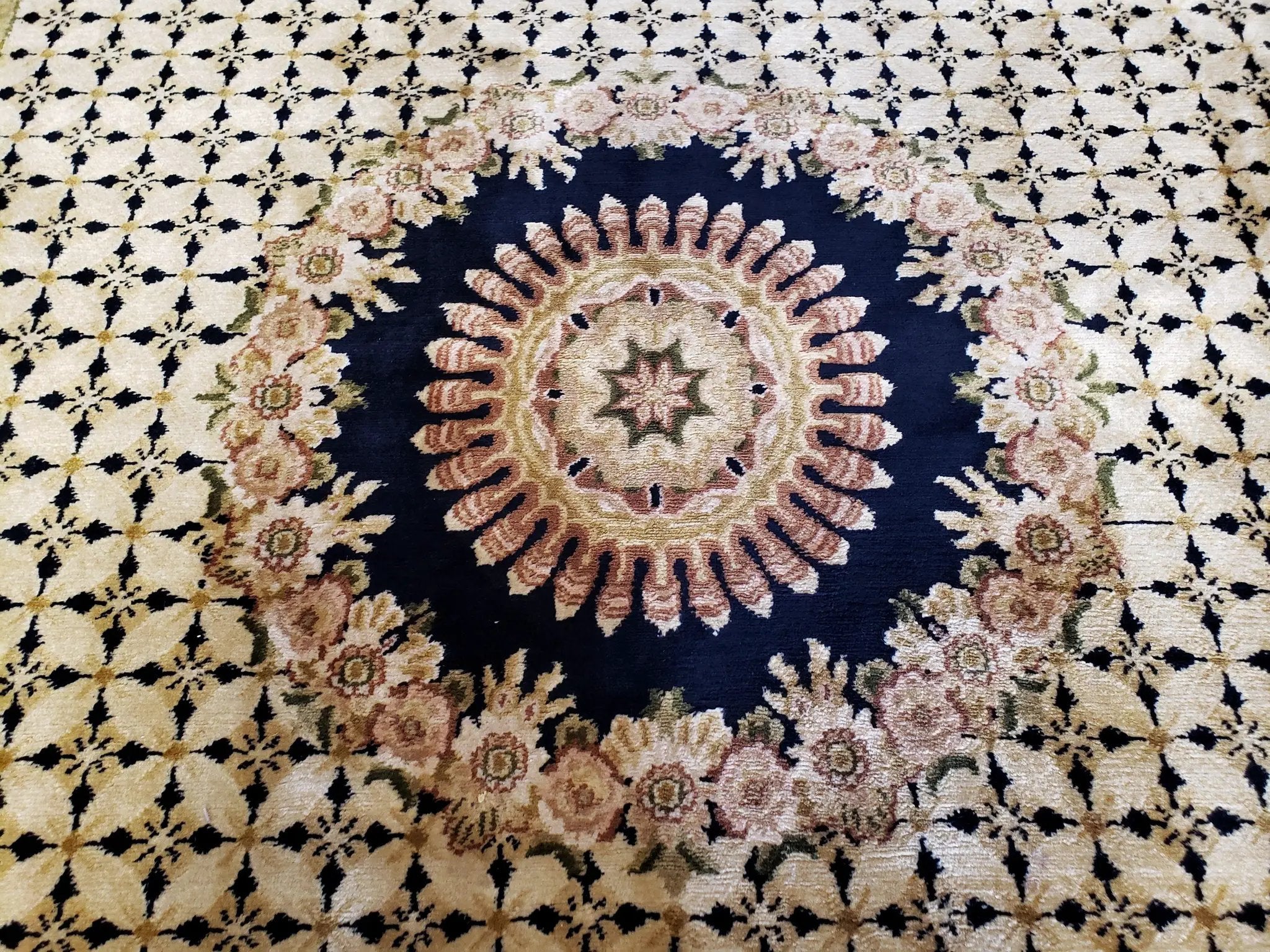 Indian Rug with Tibetan Weave, 6x8 - 6x9 Rugs, Indo-Tibetan Rug, Black and Cream Beige Tan, Floral Border, Soft Rug, Handmade Area Rug, Wool by Jewel Rugs