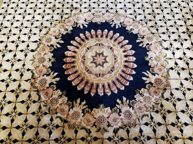 Indian Rug with Tibetan Weave, 6x8 - 6x9 Rugs, Indo-Tibetan Rug, Black and Cream Beige Tan, Floral Border, Soft Rug, Handmade Area Rug, Wool by Jewel Rugs