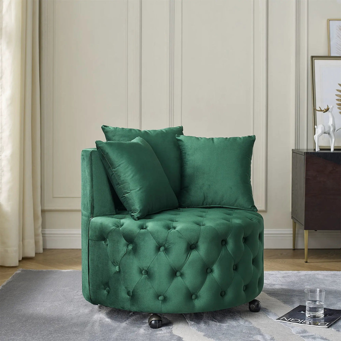 Modern Upholstered Swivel Chair With Button Tufted Design And Movable Wheels by Unique Piece Furniture