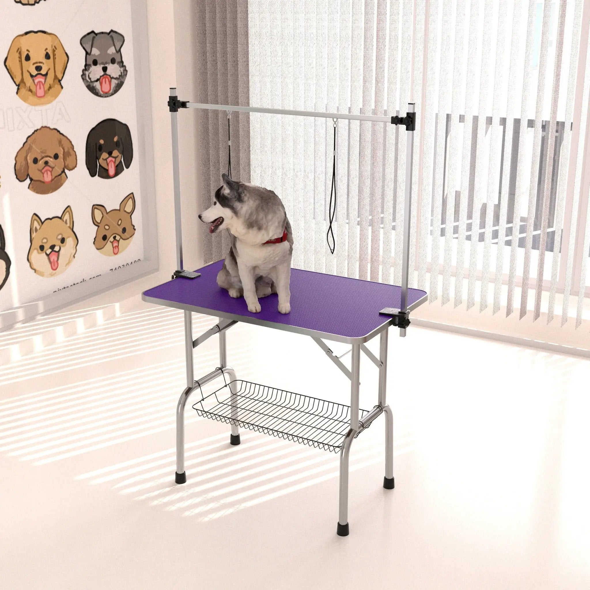 Folding Dog Pet Grooming Table Stainless Steel Frame Rubber Mat On Board With Adjustable Arm And Clamps Pet Dog Cat Grooming Table by HouseOfZazla