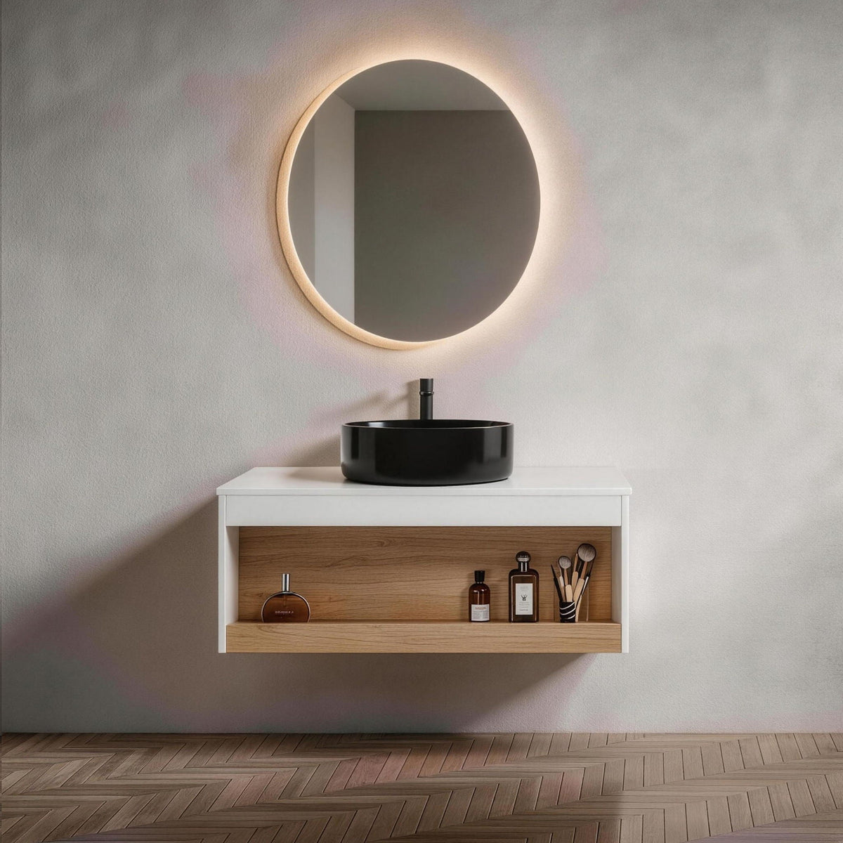 Floating Bathroom Vanity with Vessel Sink and Open Shelf - Black, photo 38 of 40