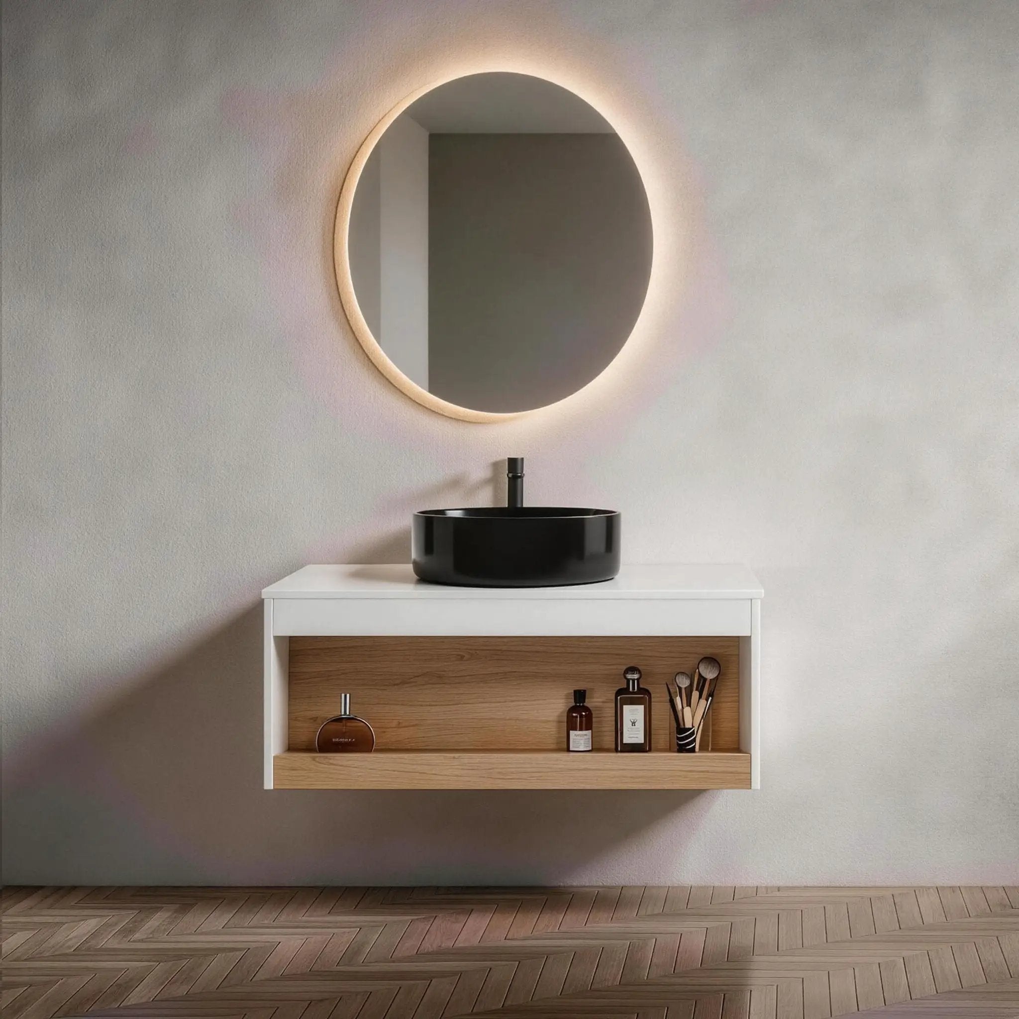 Floating Bathroom Vanity With Vessel Sink With Open Shelf Storage