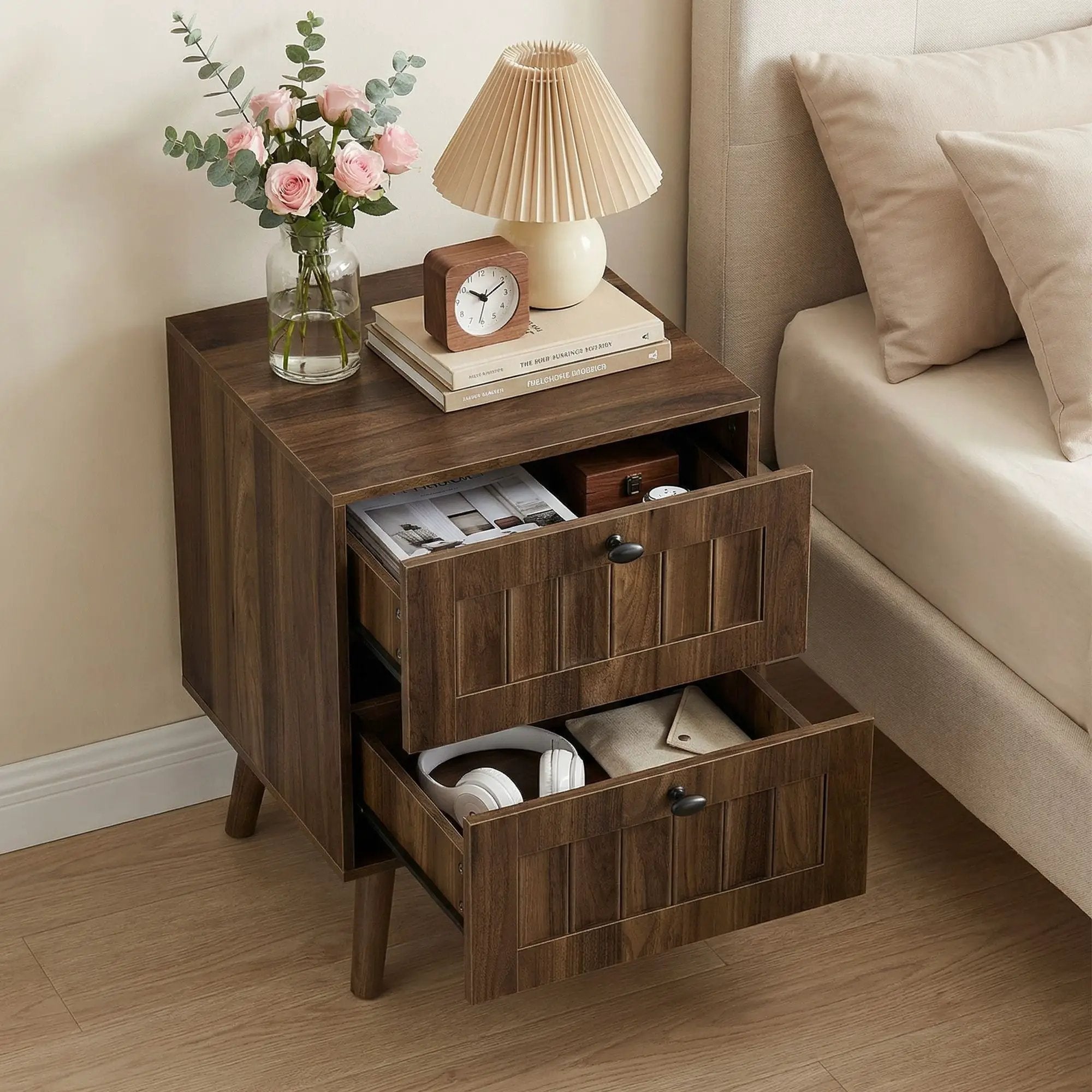 Double Drawer Bedside Table (Set of 2) - Walnut by Unique Piece Furniture