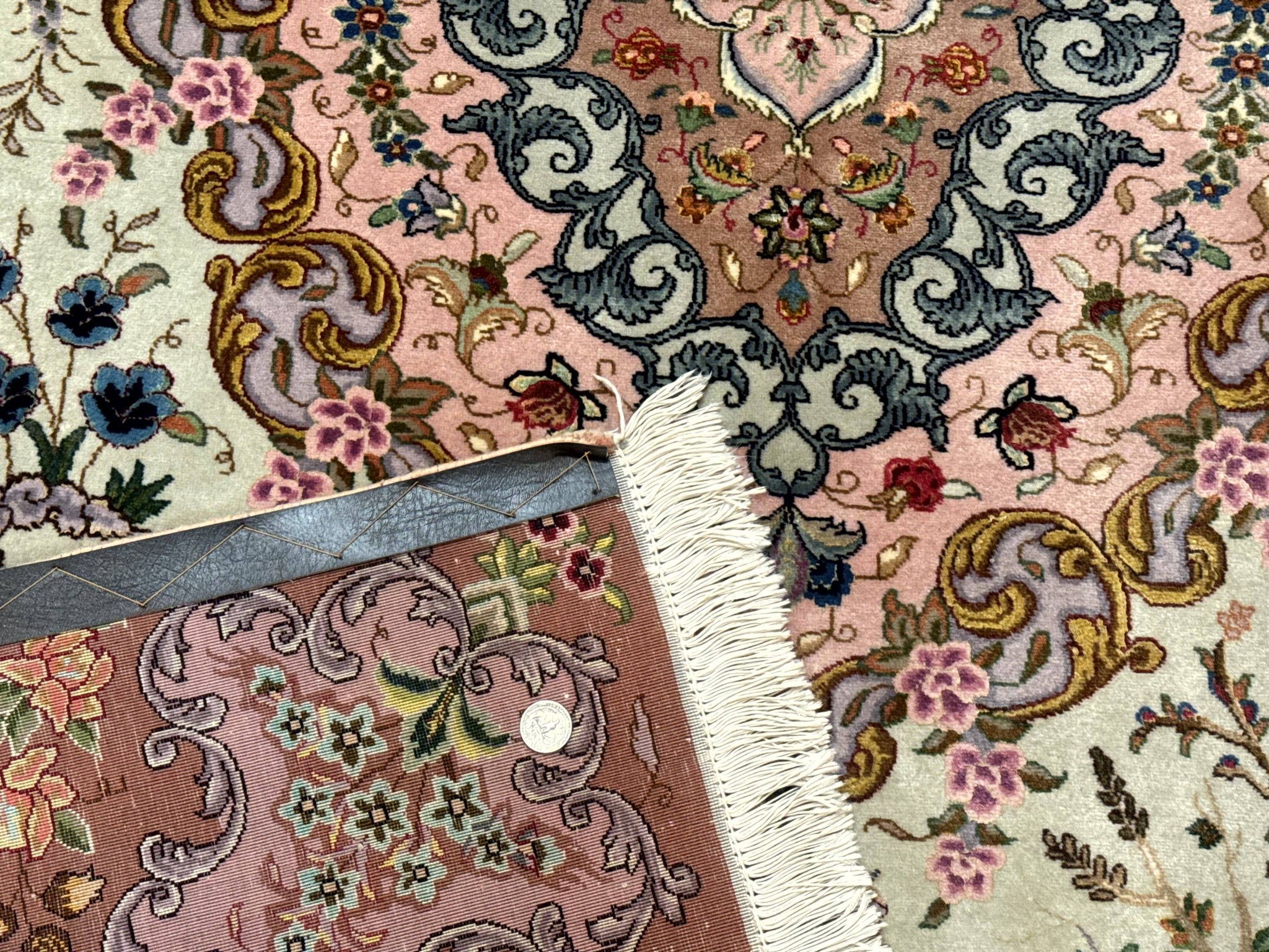 Wonderful Persian Tabriz Rug 7x10, Very Fine 330 KPSI, Light Green Light Blue Pink, Kork Wool Silk Foundation, Bird Pictorials by Jewel Rugs