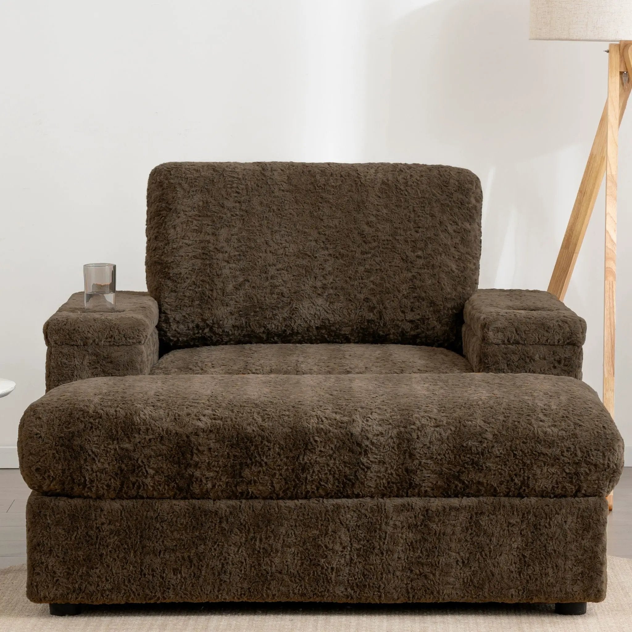 Oversized Chaise Lounge Indoor Rabbit Fur Sofa Bed With Storage Ottoman And Armrests Cup Holders With Deep Seat by Unique Piece Furniture