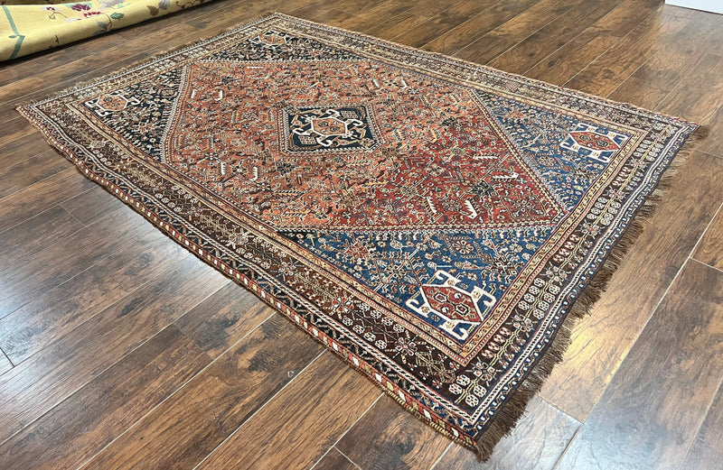 Antique Persian Shiraz Tribal Rug 6x8, Geometric Rug, Wool Handmade Hand Knotted Carpet, Red Blue by Jewel Rugs