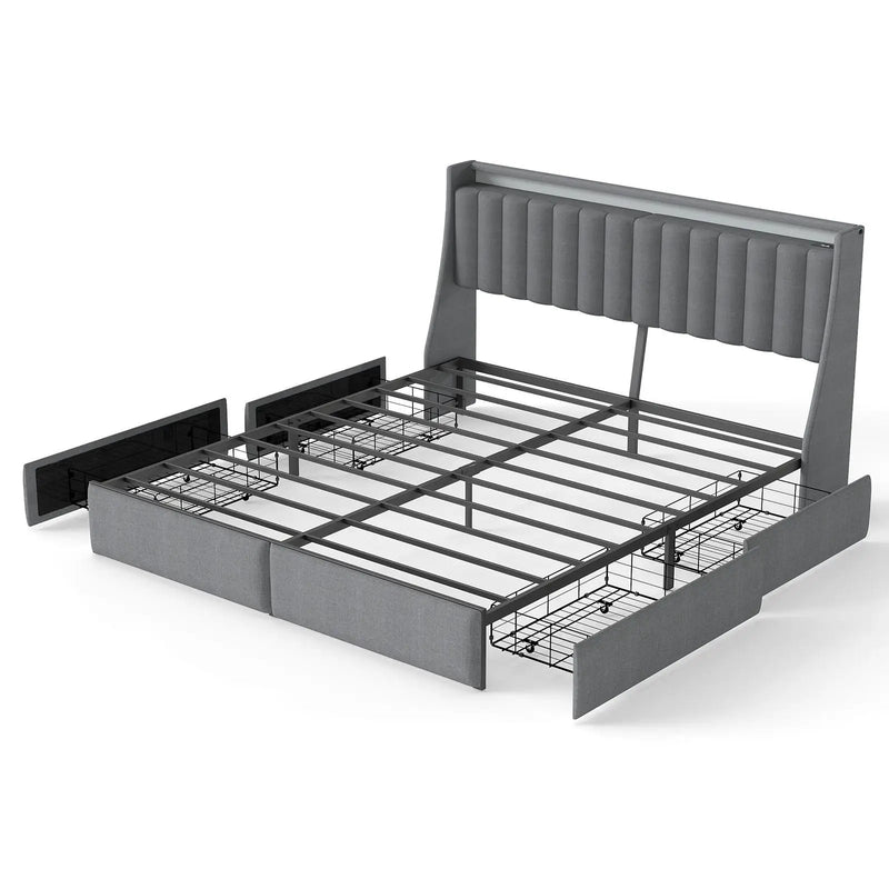 King Upholstered Bed Frame With 4 Storage Drawers, RGB LED Lights & USB / Type-C Charging Station by HouseOfZazla