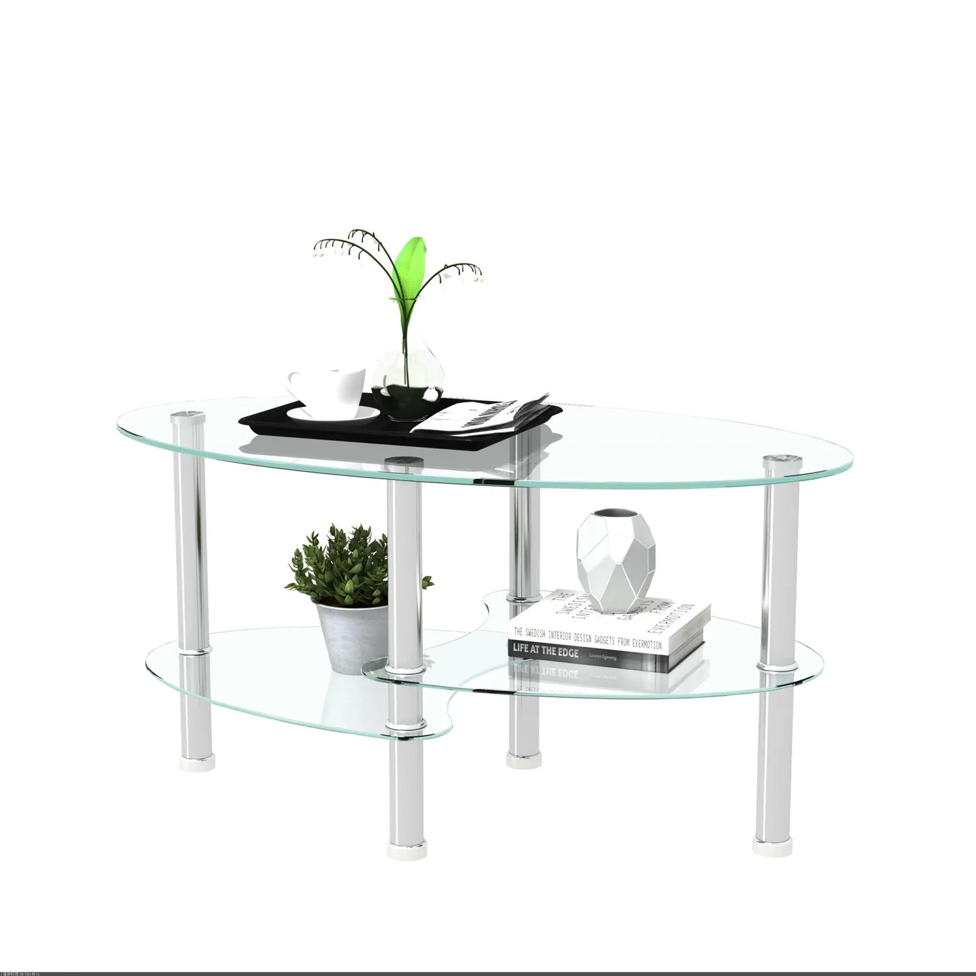 Transparent Oval Glass Coffee Table, Modern Table In Living Room Oak Wood Leg Tea Table 3-Layer Glass Table by HouseOfZazla