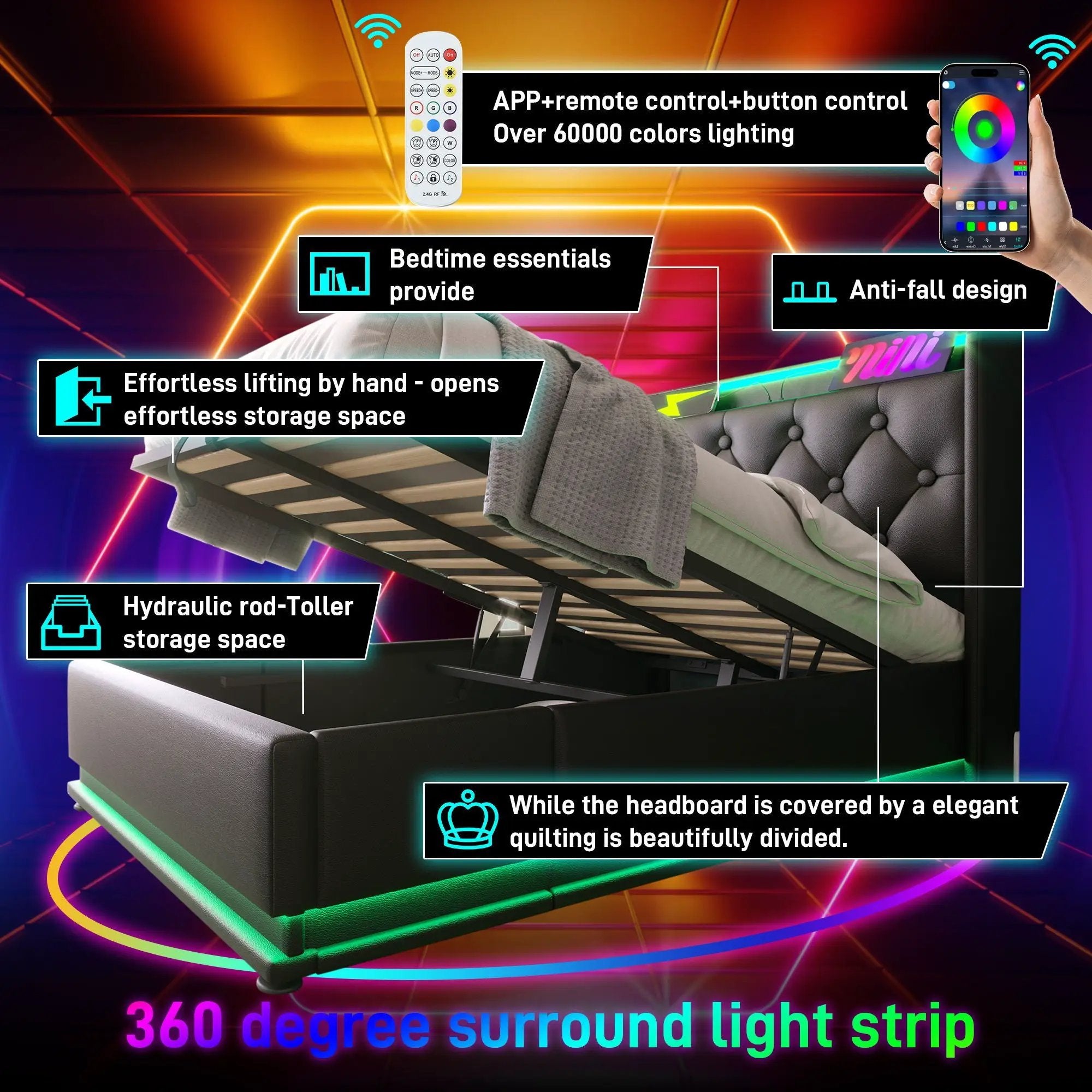 Upholstered Bed, 360 Surround LED Function, Remote Control, Hydraulic Storage Bed With USB, Type-C Charging (Without Mattress) by HouseOfZazla