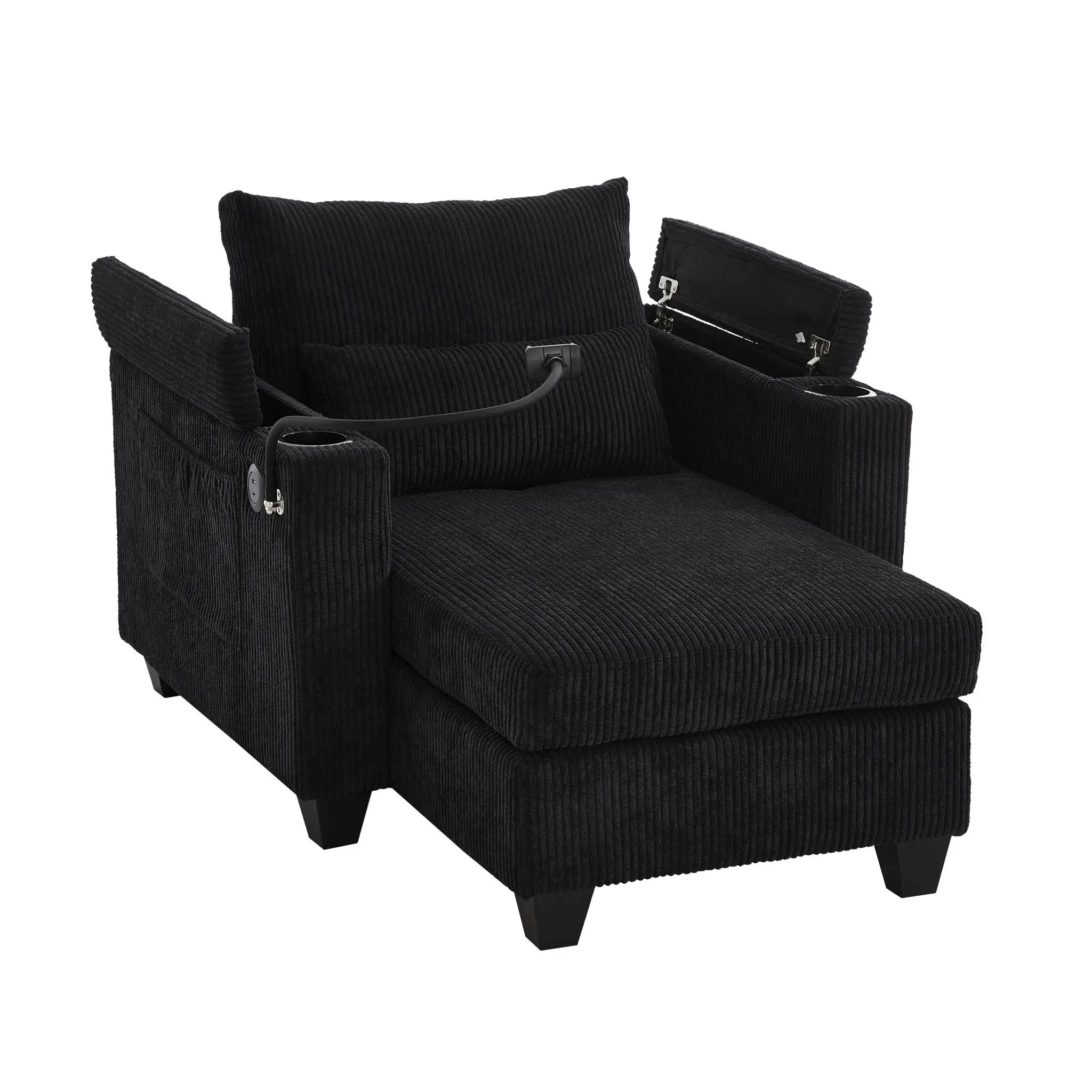 Convertible Chaise Lounge Sofa Chair With USB Ports, Cup Holders, Phone Holder And Storage by HouseOfZazla