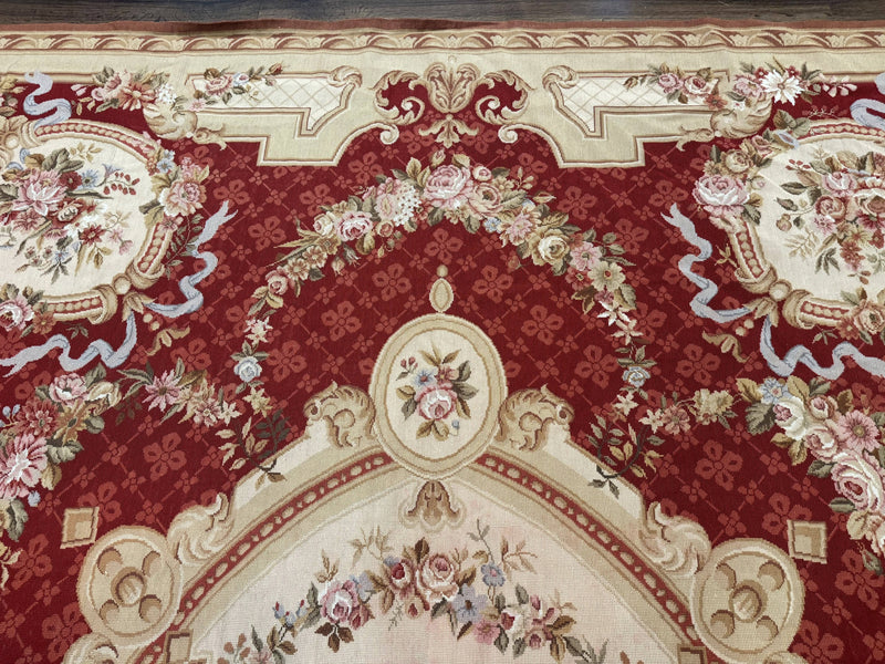 Aubusson Rug 8x11, Needlepoint Carpet, Red Ivory Beige, Vintage, French European Design by Jewel Rugs