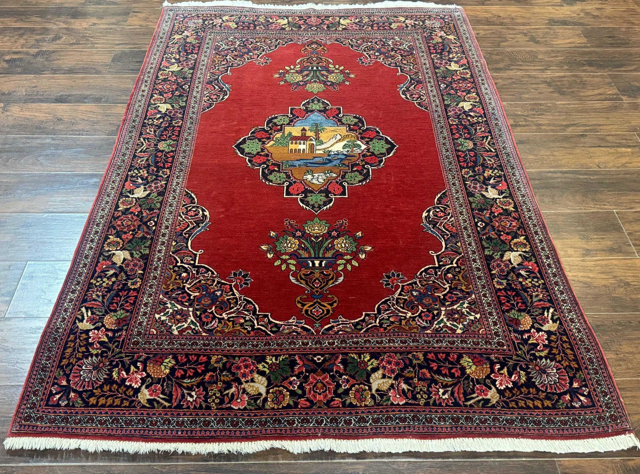 Red Persian Kashan Rug 4x6, Very Fine 260 KPSI, Red and Navy Blue Persian Carpet, Semi Open Field by Jewel Rugs