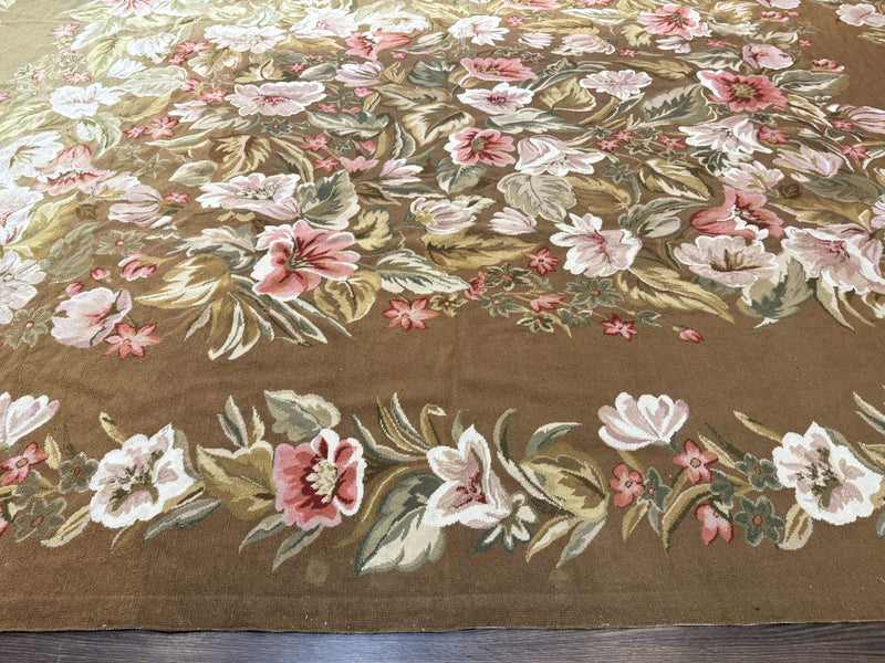 Large Needlepoint Rug 11x14, Vintage Floral Wool Carpet, Caramel by Jewel Rugs