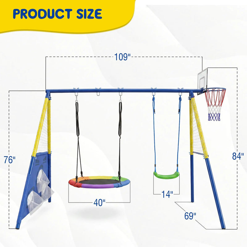 5-in-1 Kids Swing Set with Saucer Swing, Belt Swing, Basketball Hoop & Soccer Goal by HouseOfZazla