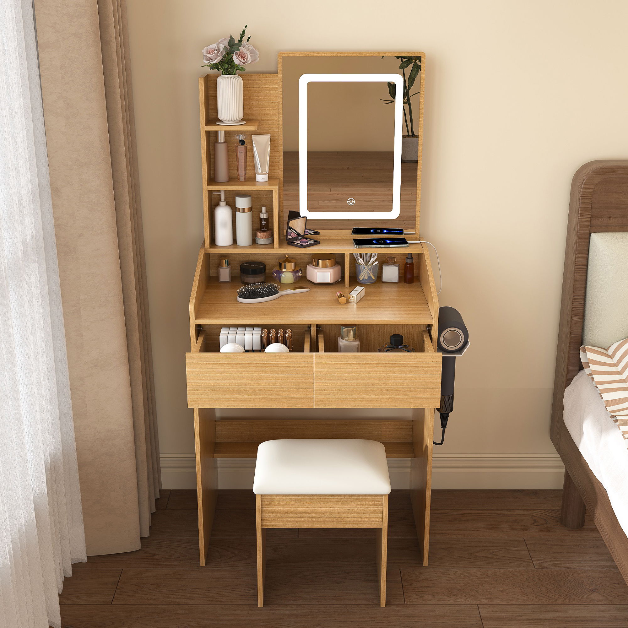 Vanity Table With LED Mirror, Power Outlet, Hairdryer Holder & Padded Stool, Compact Dressing Desk For Small Bedrooms - Wood by Unique Piece Furniture