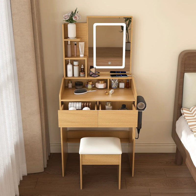 Vanity Table With LED Mirror, Power Outlet, Hairdryer Holder & Padded Stool by HouseOfZazla