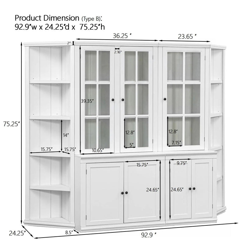 Retro Style Wall Suit With Glass Doors, 75.25" Tall Display Cabinets & Triangle Sided Bookshelves - White by Unique Piece Furniture