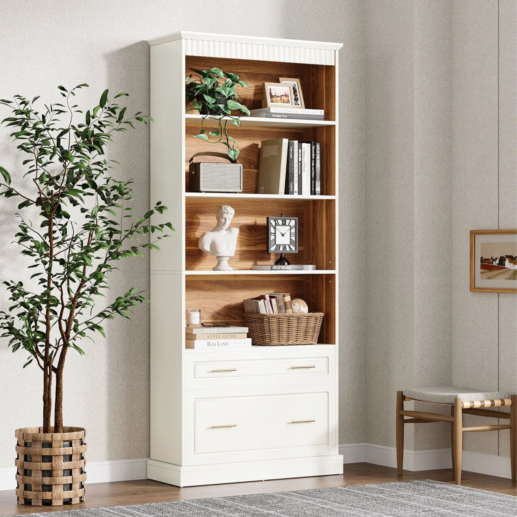 5 Tier White Bookcase With 2 Drawers Storage Organizer For Living Room - White by HouseOfZazla