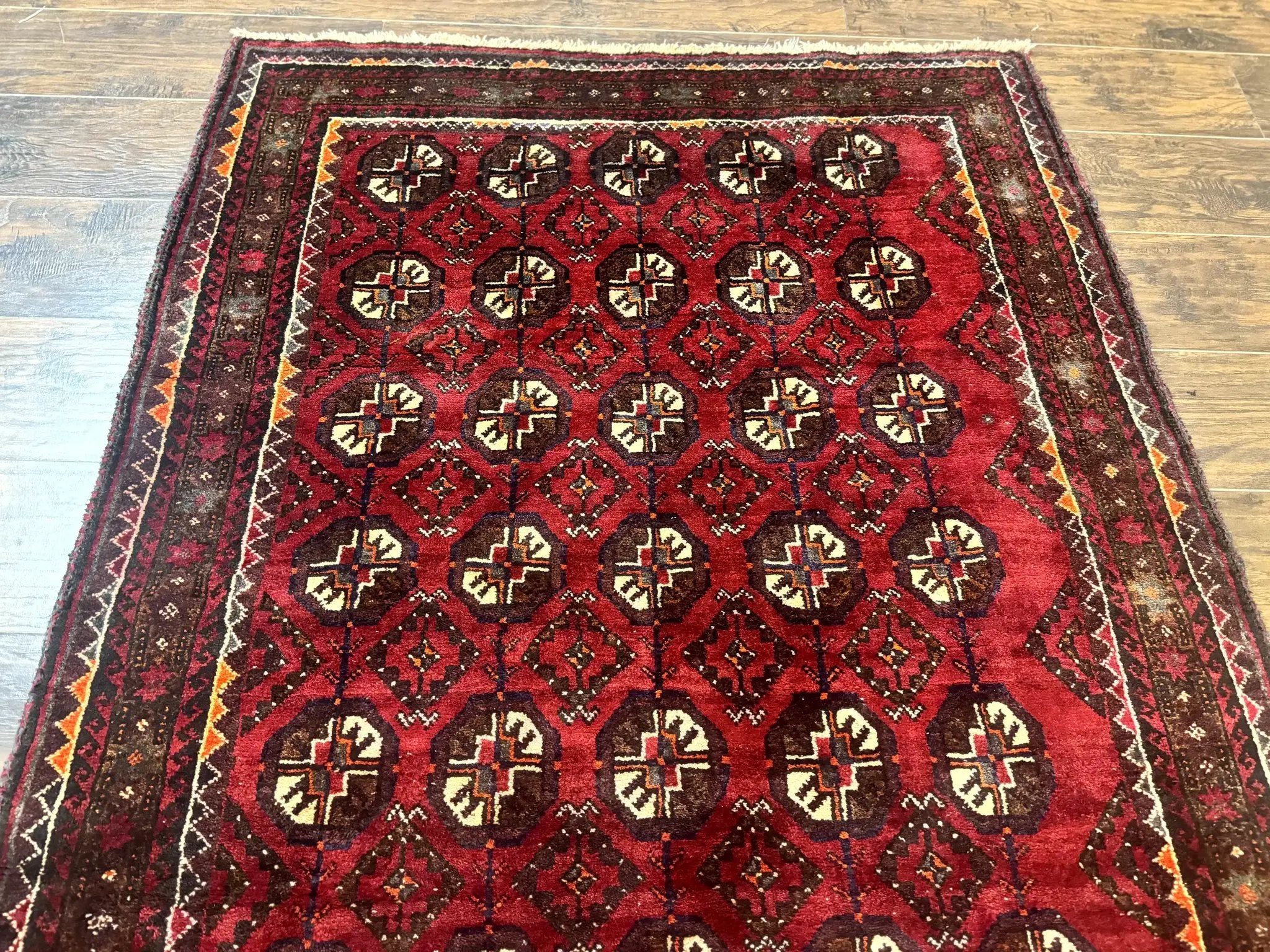 Persian Turkoman Tribal Rug 4x8, Handmade Vintage Wool Carpet, Red, Bohemian Rug by Jewel Rugs