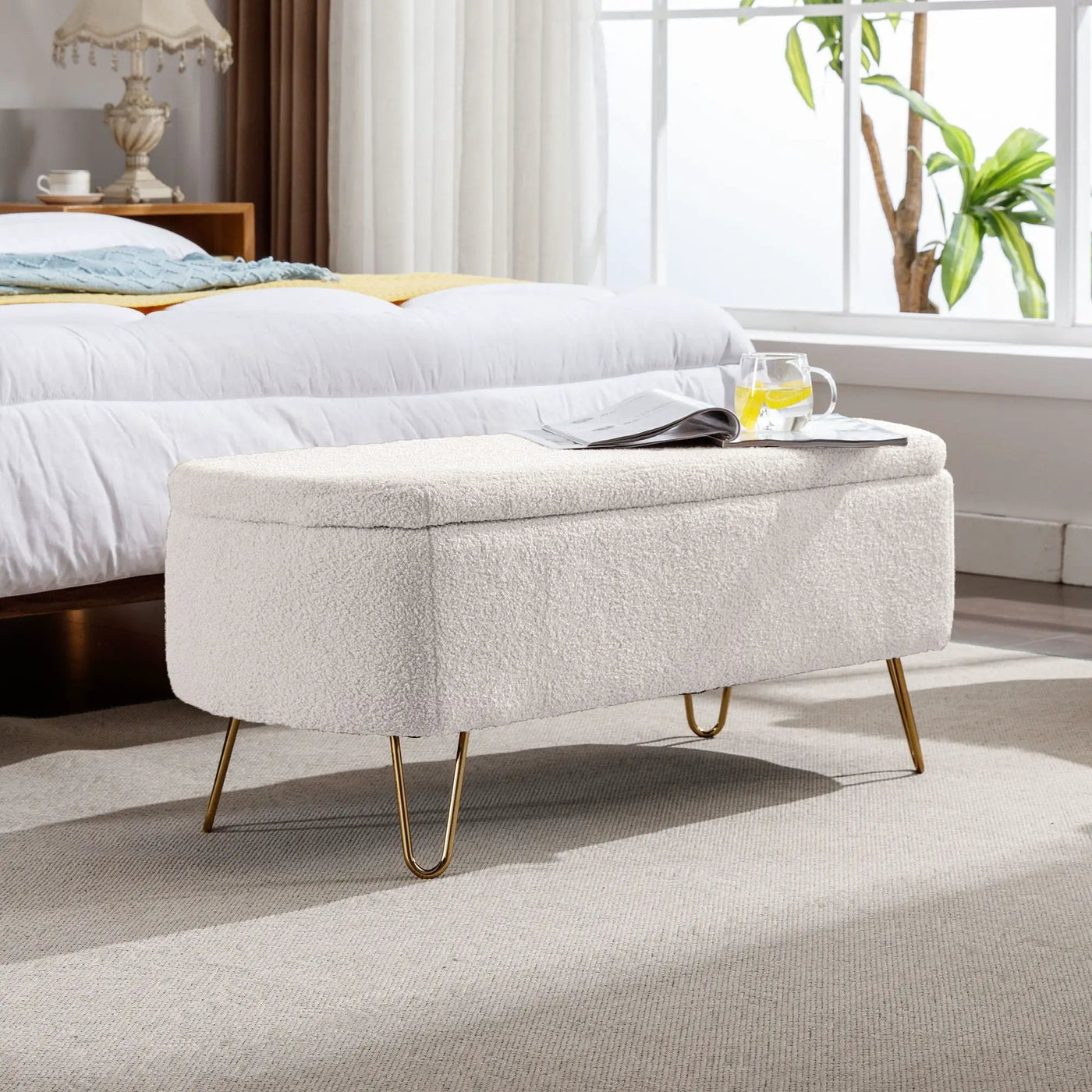 Storage Ottoman Bench For End Of Bed Legs, Modern Camel Faux Fur Entryway Bench Upholstered Padded With Storage For Living Room Bedroom by HouseOfZazla