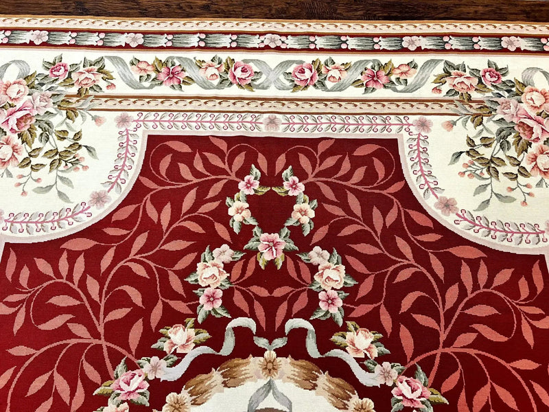 Wonderful Aubusson Rug 9x12, Handmade Vintage Needlepoint Carpet, Red and Ivory, Elegant European Design, Wool by Jewel Rugs