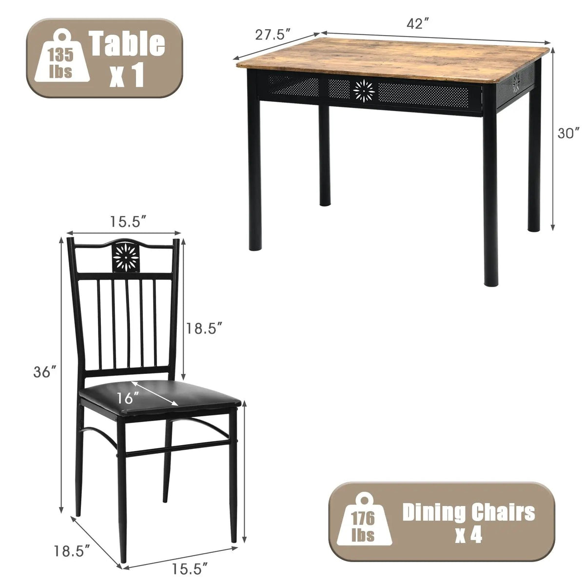 5 Pcs Dining Set Wood Metal Table and 4 Chairs with Cushions by DirectDeals