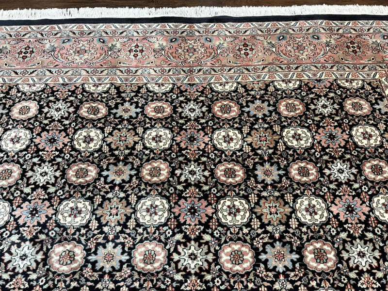 Indo Persian Rug 9x12, Vintage Handmade Wool Carpet, Repeated Allover Motif, Navy Blue and Pink by Jewel Rugs
