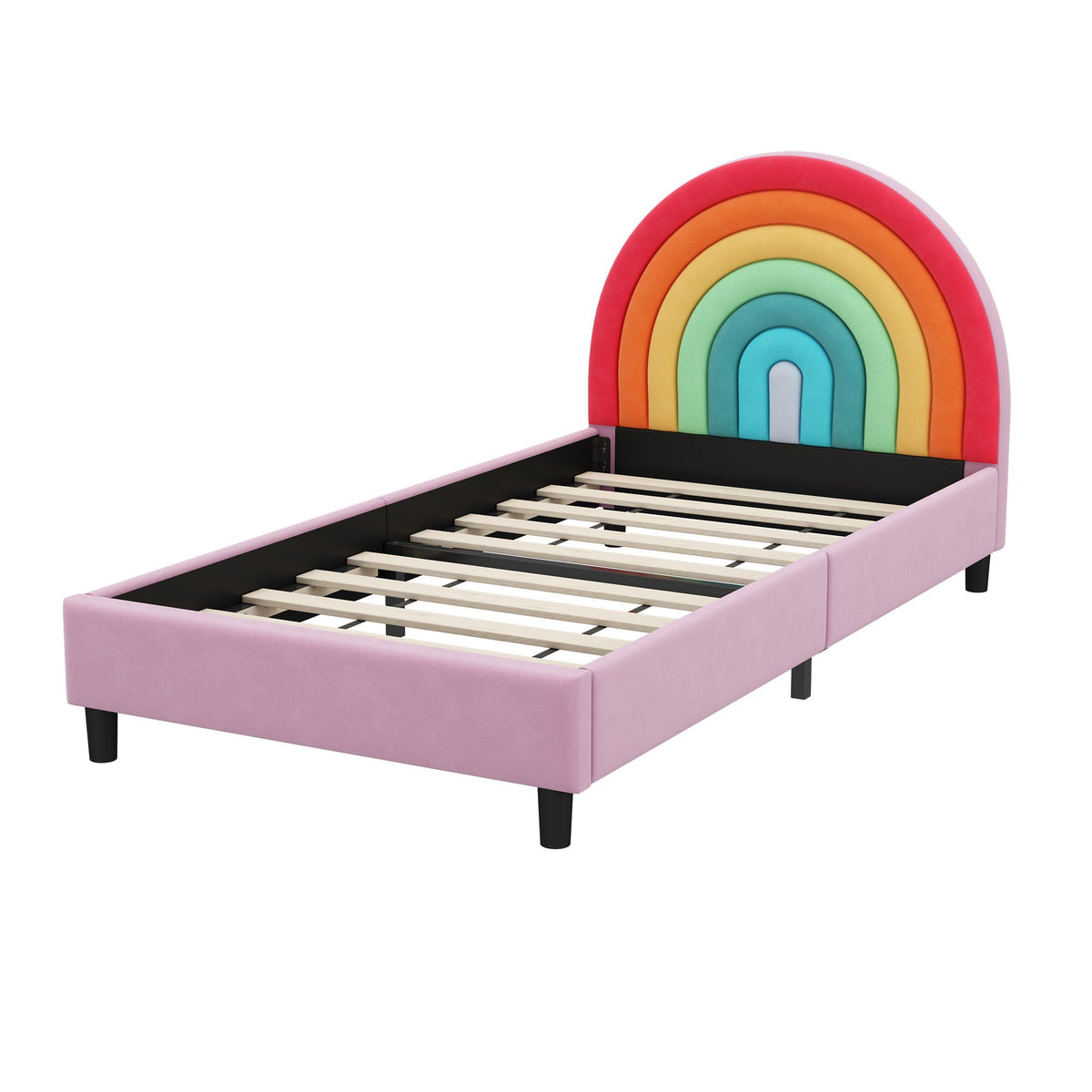 Rainbow Design Twin Upholstered Bed with Sturdy Wood Slats - Pink, photo 7 of 7